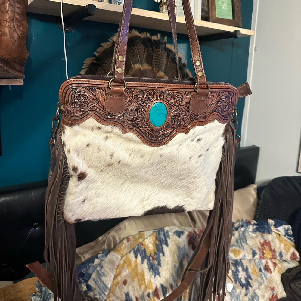 American Darling Cowhide & Tooled Leather Fringe Bag with Turquoise accent